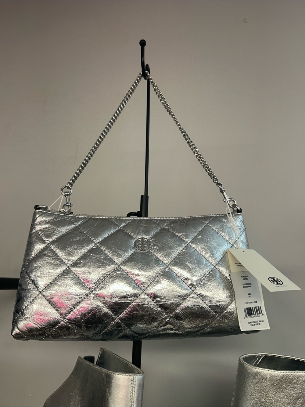 Tory Burch Quilted Metallic Silver Shoulder Bag with Chain Strap